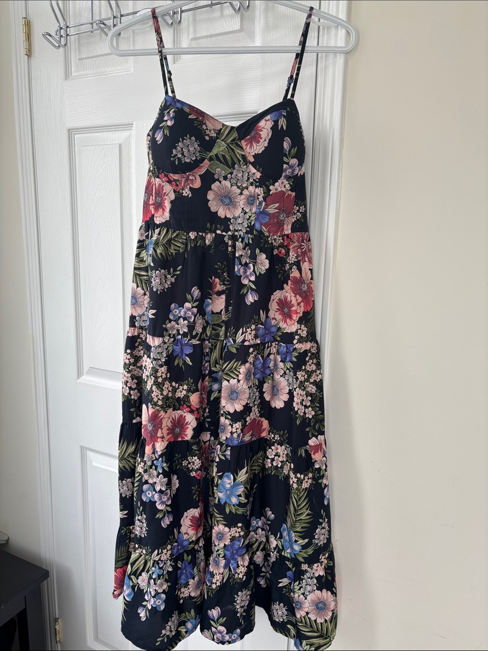 Band of Gypsie Floral Fairy Garden Spaghetti Strap Corset Black Midi Tier Dress